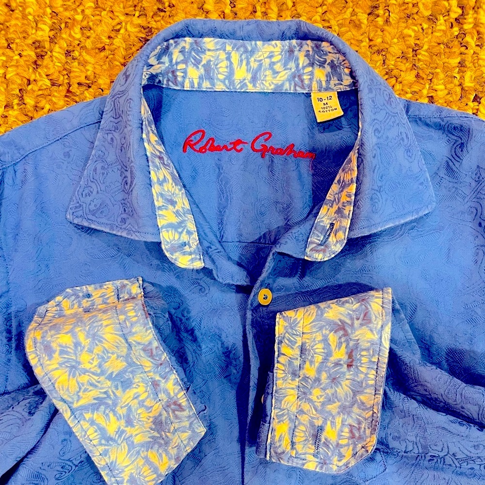 Robert Graham Boys Dress Button Shirt M 10-12 Blue Pattern Contrast Cuff Collar